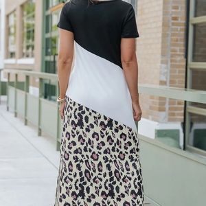 Leopard color block V neck dress with side splits, and pockets